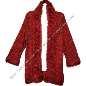 Sparkly Red Fur Lined Open Front Sweater Cardigan